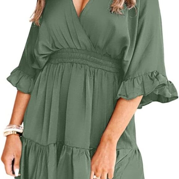 Womens V Neck Casual Dresses Summer Loose High Waist Ruffle Pleated Cute Mini Sh - Picture 2 of 5